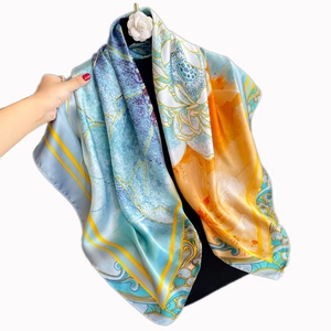 Satin silk scarf with blue-orange gradient lotus print and traditional patterns