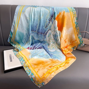 90x90cm lotus print silk-feel square scarf with blue and orange landscape design