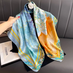 Satin silk scarf 90x90cm with lotus print and blue orange gradient pattern for women