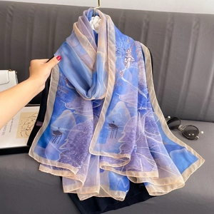 Lightweight gradient blue and purple landscape print shawl for summer sun protection