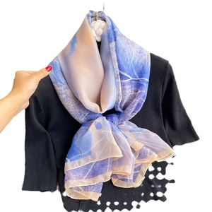 Lightweight abstract watercolor silk shawl for women in blue and lilac beach style