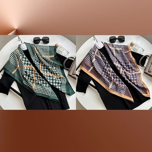 Elegant green and blue houndstooth silk scarf with orange borders and satin texture