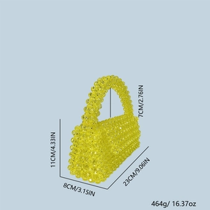Detailed dimensions of yellow handmade acrylic beaded trapezoid handbag with top handle