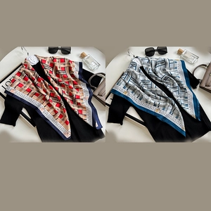 Modern 90cm silk-feel square scarf with geometric letters and chain print on hanger