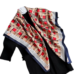 90cm silk-like square scarf with stylish letter print and geometric color-blocking pattern
