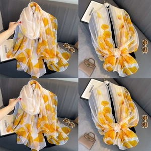 Extra large ginkgo leaf print silk scarf for women beach sun protection wrap