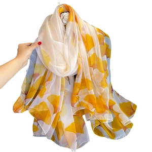 Lightweight oversized silk scarf with yellow ginkgo leaf print for sun protection beachwear