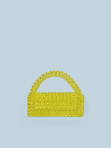 Women Handmade Beaded Handbag Acrylic Transparent Yellow Woven Flap Mini Top Handle Bag Trendy Summer Party Purse