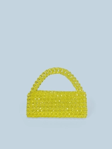 Handmade woven yellow acrylic beaded trapezoid handbag with crystal-like finish