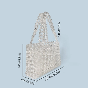 Detailed view of clear beaded tote bag with dimensions 23.5x14x6cm and size markers