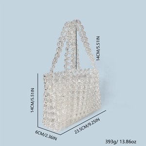 Detailed size view of clear beaded handmade handbag with acrylic floral woven structure