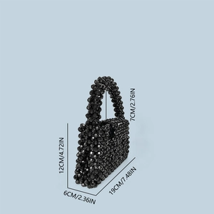 Detail of handmade black acrylic beaded mini handbag with dimensions and measurements
