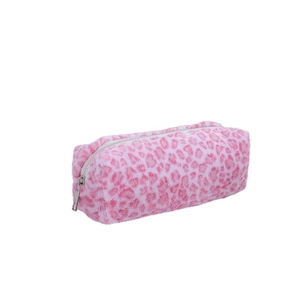 Trousse à crayons rose léopard en peluche douce avec fermeture éclair argentée