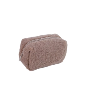 Large capacity fluffy cream plush pencil case with zipper closure on white background