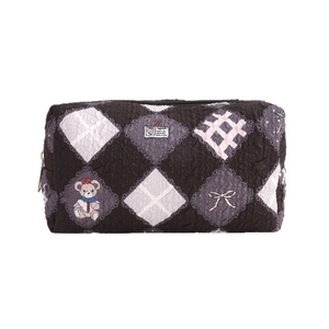 Quilted gray stationery pouch with bear and bow patterns and top zipper closure