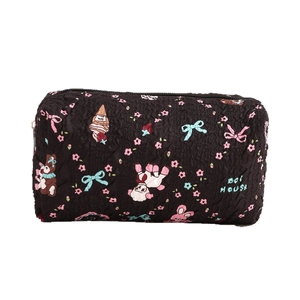 Quilted black stationary pouch with cute cartoon animals and floral prints