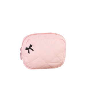 Borsa da trucco rosa trapuntata con ricamo fiocco nero e chiusura a cerniera