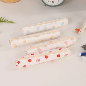 Fruit Print Strawberry Peach Pencil Case Waffle Fabric Stationery Bag Zipper Slim Pen Pouch For Students School Office