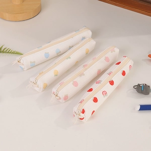 Minimalist cylindrical strawberry pattern pencil bags with zipper in four colors