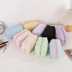 Minimalist macaron color quilted and checkered stationery pouch with metal zipper