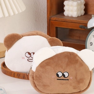Cute plush bear mini coin purse and makeup pouch with embroidered cartoon animal faces