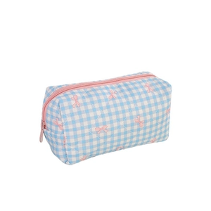 Minimalist blue checkered pencil case with pink ribbon patterns and a pink zipper