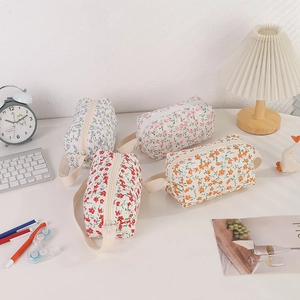 Floral canvas stationery bag with handle in four colors for high capacity storage