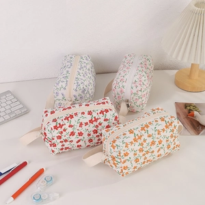 Pencil Case Quilted Cotton Floral Print Large Capacity Stationery Organizer Cosmetic Bag With Handle Fresh Ins Style