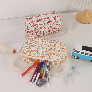 Detail of floral quilted canvas storage bags with secure zippers and crossbody straps