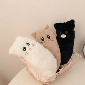 Three plush cat pencil cases in white, brown and black stored in a pink metal wire basket