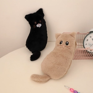 Cute plush cat-shaped pencil case in black and beige with soft faux fur and embroidery