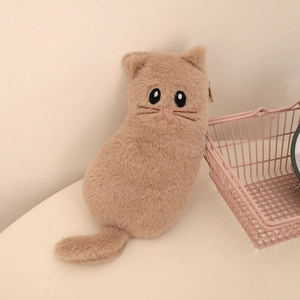 Close-up of cute brown plush cat pencil case with detailed embroidery and metal zipper