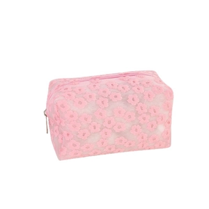 Pink mesh makeup bag with floral embroidery and zipper closure for cosmetics storage