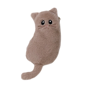 Cute brown cat plush pencil case with embroidery details and a long fluffy tail