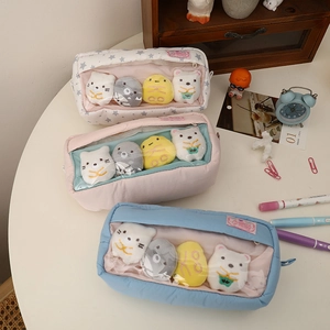 Cute pencil case set with transparent window and colorful plush dolls inside