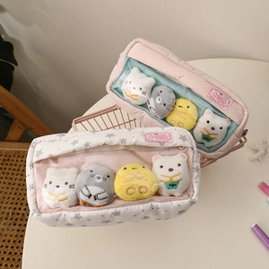 Cute plush pencil case with transparent window and colorful stuffed animal toys inside
