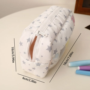 Quilted star pencil case showing dimensions 18x10x6cm with dual zippers and high capacity