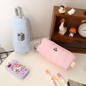 Cute quilted pencil cases with cartoon patches and unicorn phone case in macaron colors