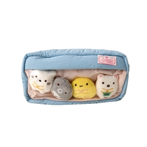 Cute blue quilted pencil case with clear window and plush charms, large capacity stationery bag