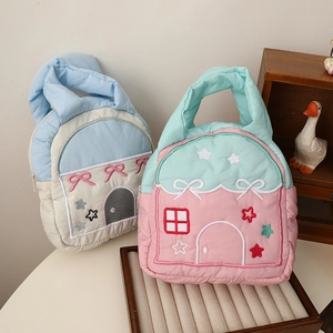 Cute house-shaped quilted handbags with cartoon embroidery and macaron color tones