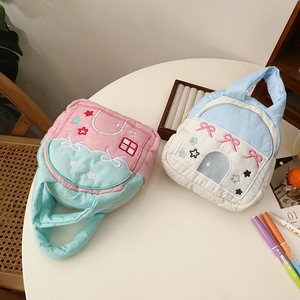 Quilted cartoon house handbag with embroidery for cosmetics and stationery storage