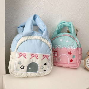 Cute House Shaped Handbag Quilted Cotton Embroidered Portable Makeup Storage Bag Cartoon Zipper Pouch For Women Girls