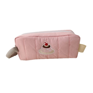 Pink quilted fabric pencil case with dessert embroidery and high capacity storage