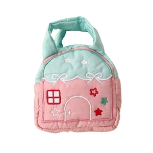 Quilted cartoon house handbag with embroidery for kids in pink and blue colors