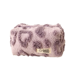 Furry heart-shaped makeup bag with purple leopard print and white logo label