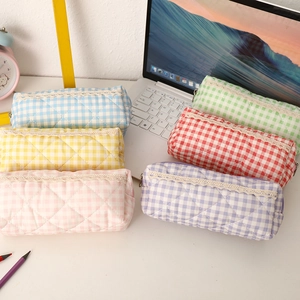 Cute Gingham Pencil Case Quilted Polyester Stationery Pouch With Lace Decor Large Capacity Fresh Style For Students