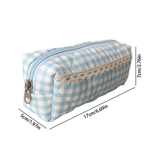 Detailed view of the blue checkered pencil case with white lace and size dimensions