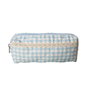 Quilted blue plaid pencil case with lace trim and zipper for school stationery storage
