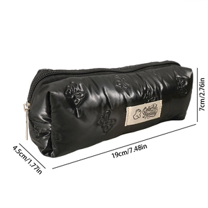 Detailed dimensions of a black puffy bow pencil case with quilted pattern and zipper