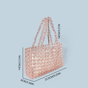 Pink crystal beaded handbag with specific dimensions: 23.5cm length and 14cm height
